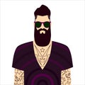 Hipster. A bearded man with tattoos and dark glasses. Fashionable haircut. Modern and fashionable image in purple tones.